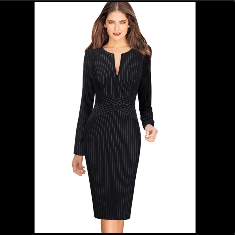 Navy Blue Pinstripe Sheath Professional Dress